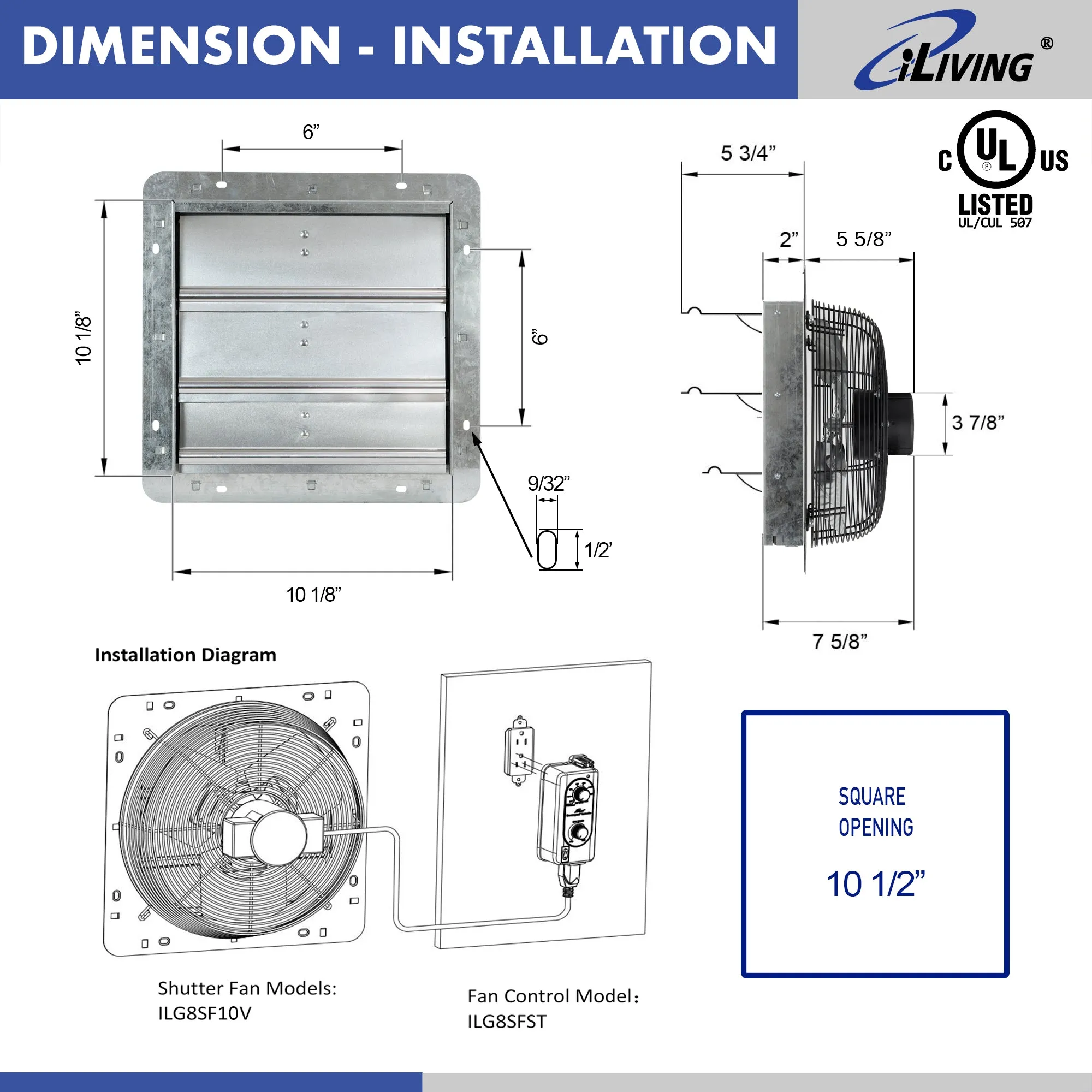 ILG8SF10V-ST - iLIVING 10" Shutter Exhaust Fan with Thermospeed(TM) controller, 65W, 820 CFM, Silver