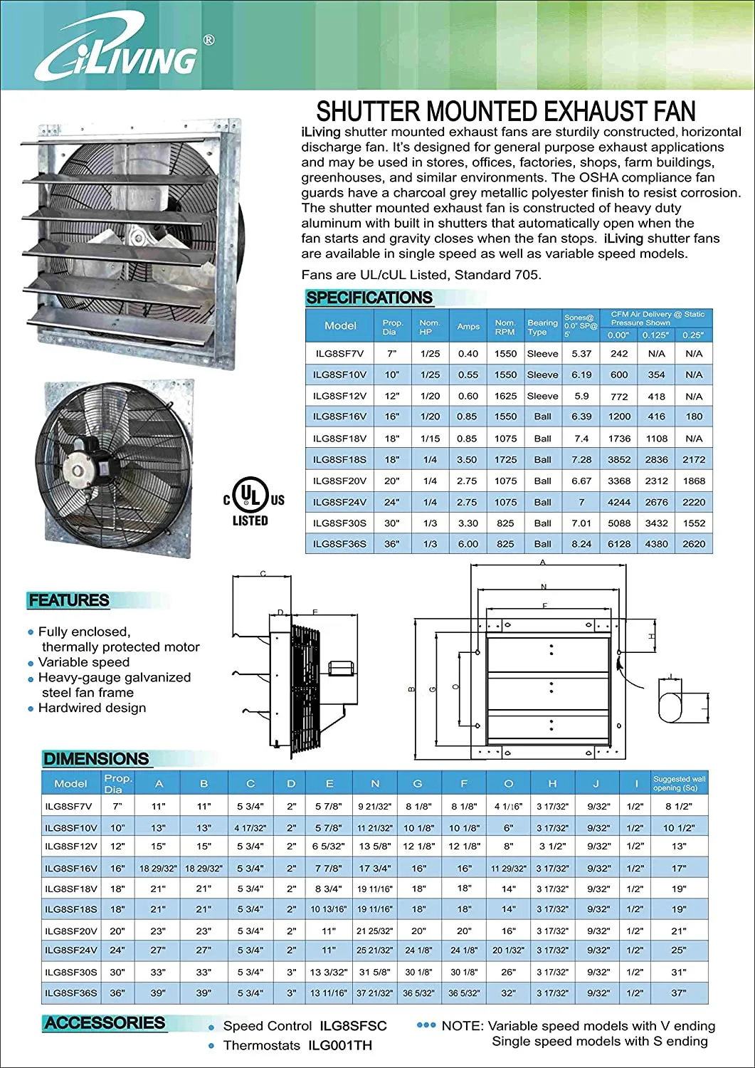 ILG8SF18V - iLIVING 18 Inch Variable Speed Shutter Exhaust Fan, Wall-Mounted