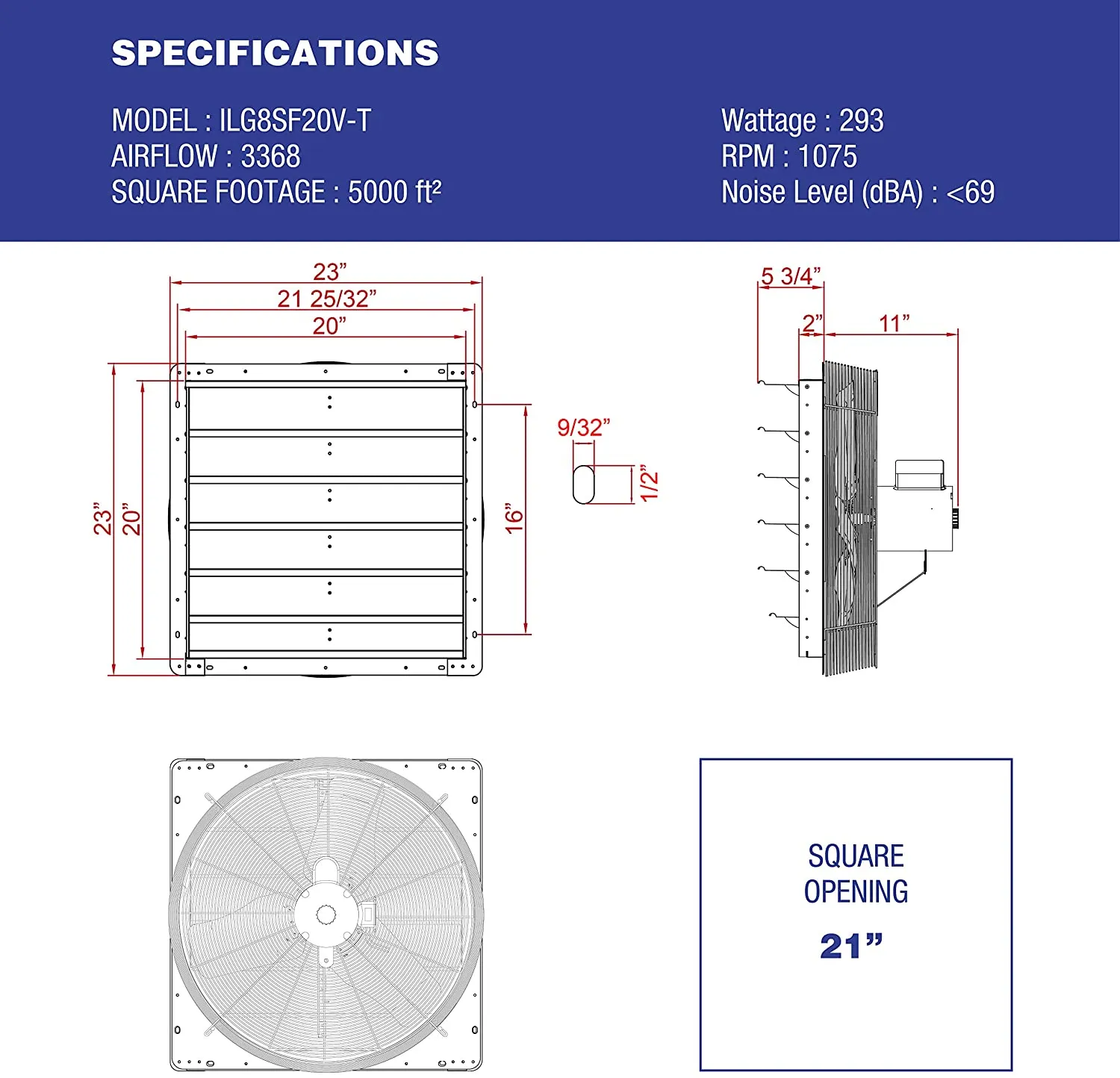 ILG8SF20V-T - iLiving 20 inch Shutter Exhaust Attic Garage Grow Fan, Ventilation fan with 2 Speed Thermostat 6 Foot Long 3 Plugs Cord