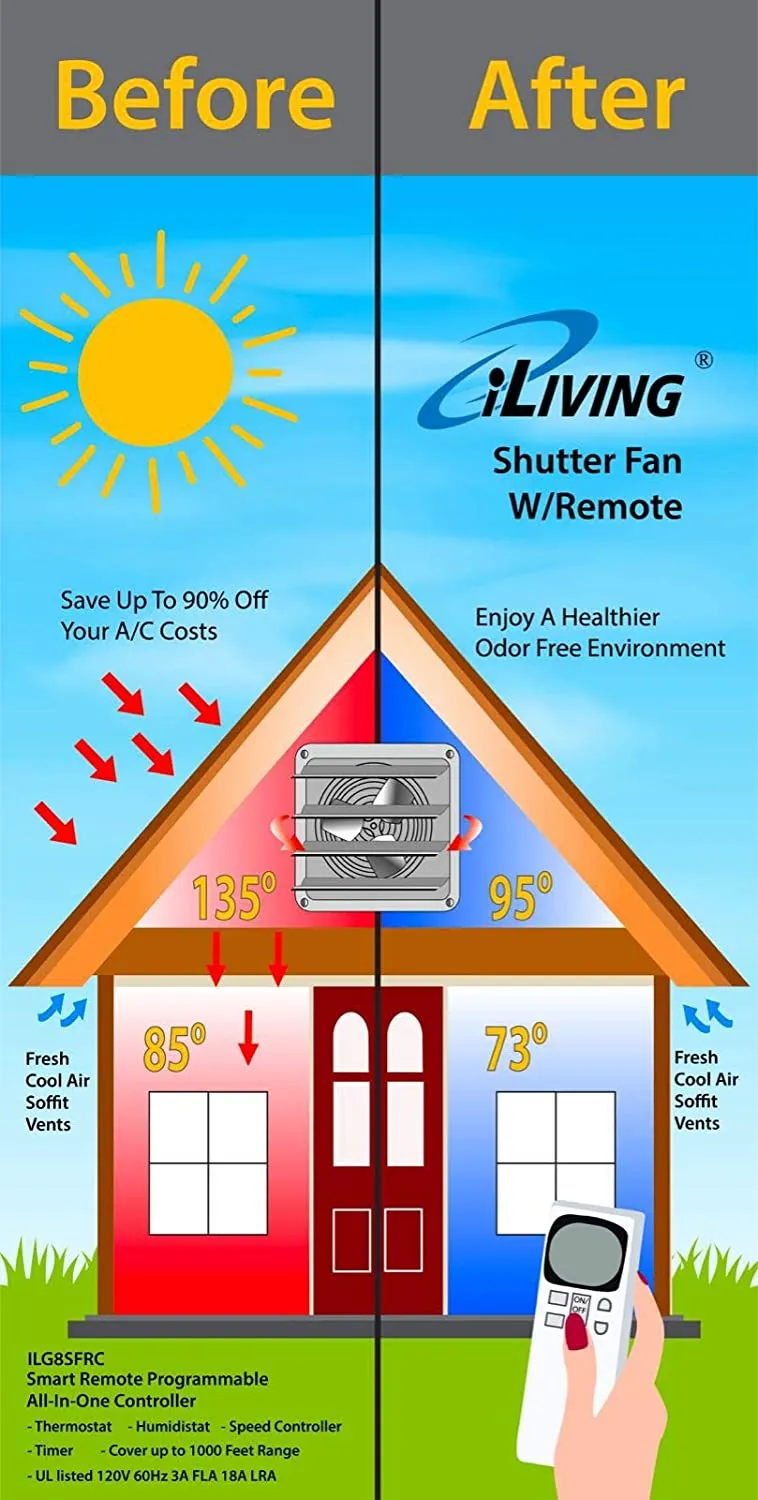 ILG8SF20VC - iLiving 20 Inch Smart Remote Shutter Exhaust Fan with Thermostat, Humidistat, Variable Speed, Timer, Wall Mounted, 20"