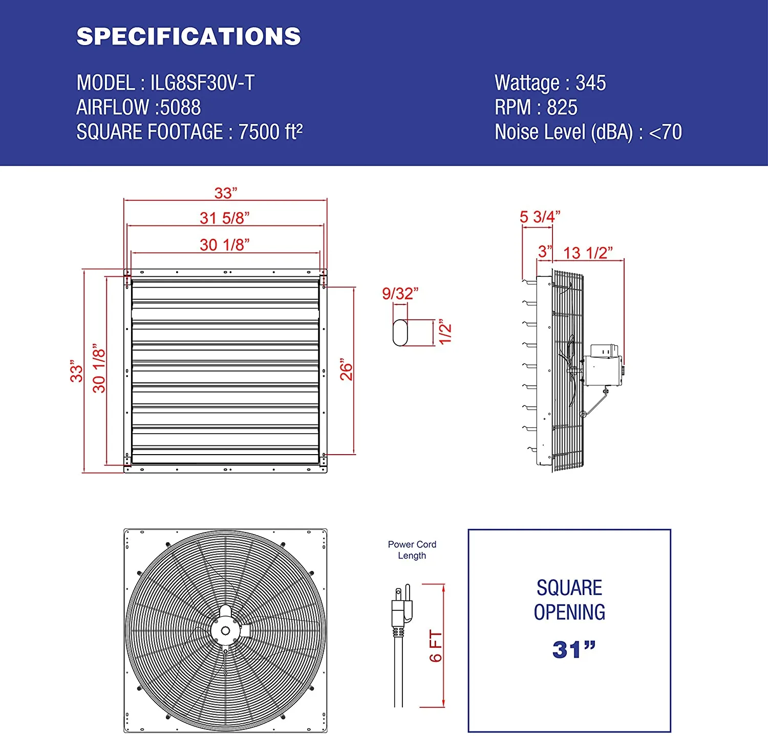 ILG8SF30V-T - iLiving 30 inch Shutter Exhaust Attic Garage Grow Fan, Ventilation fan with 2 Speed Thermostat 6 Foot Long 3 Plugs Cord