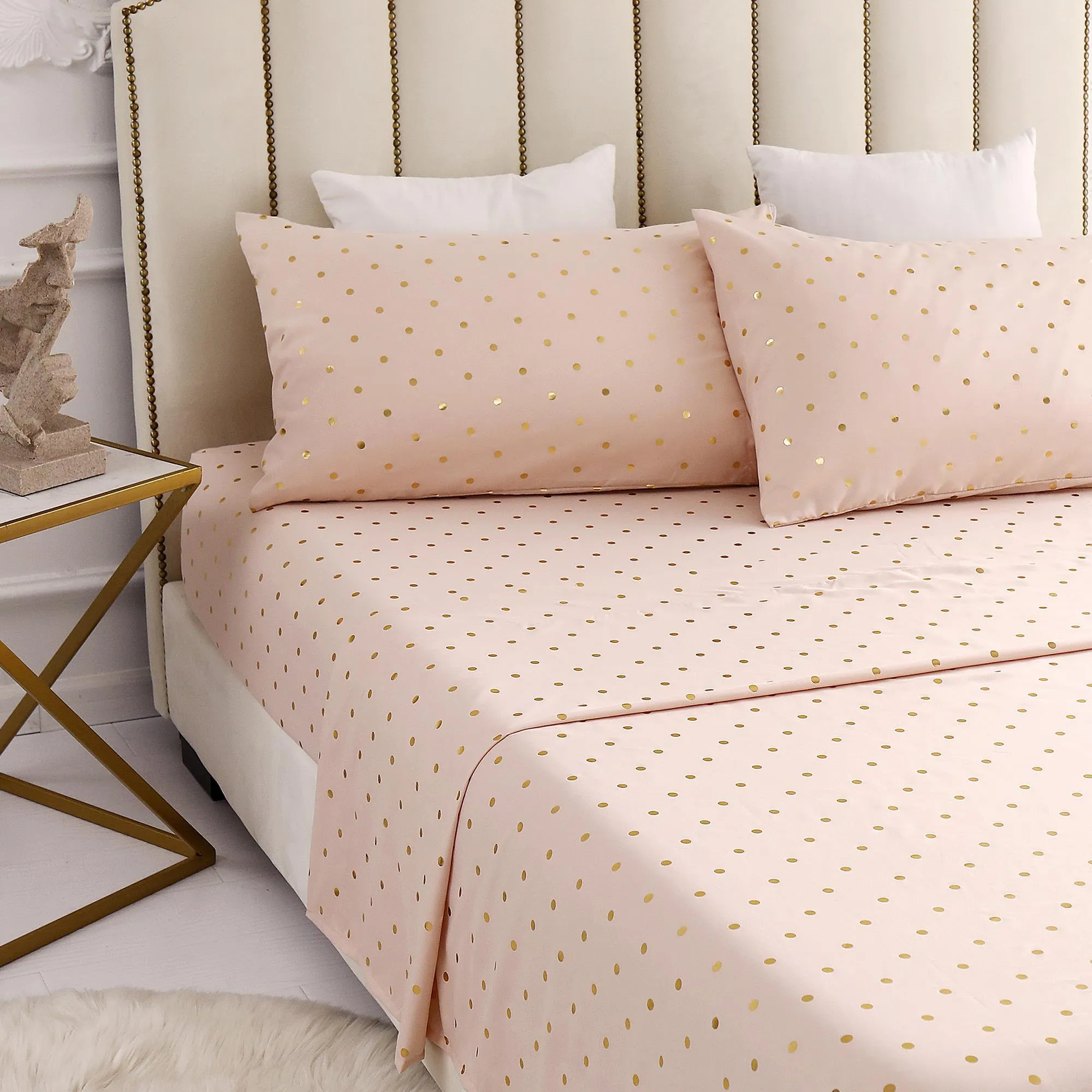 Lauren Taylor - Metallic Printed Sheet Set | Peach - Gold Polka Dots