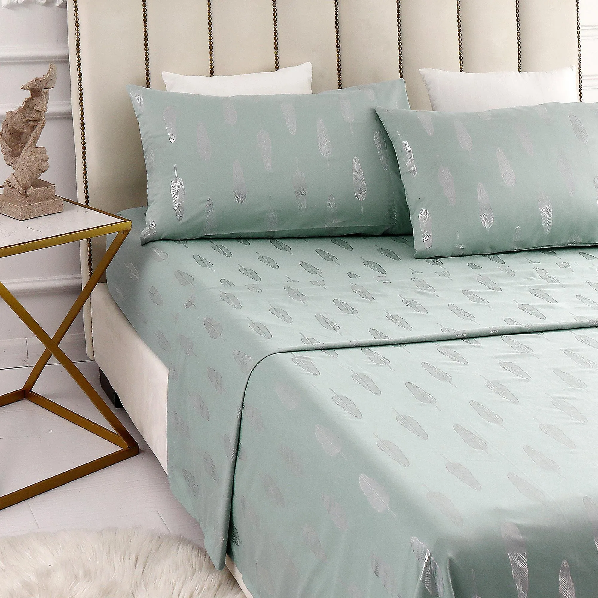 Lauren Taylor - Metallic Printed Sheet Set | Teal - Silver Feathers