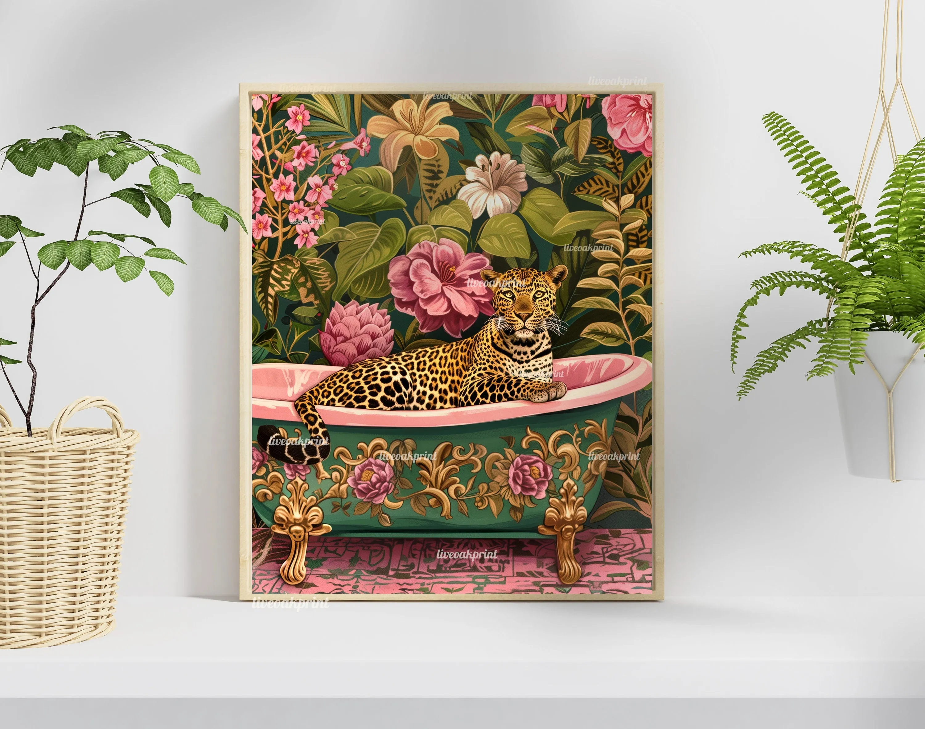 Luxurious Leopard In A Bathtub - Maximalist Bathroom Decor - Leopard Bathroom Print - Maximalist Leopard Print- Jungle Wall Decor