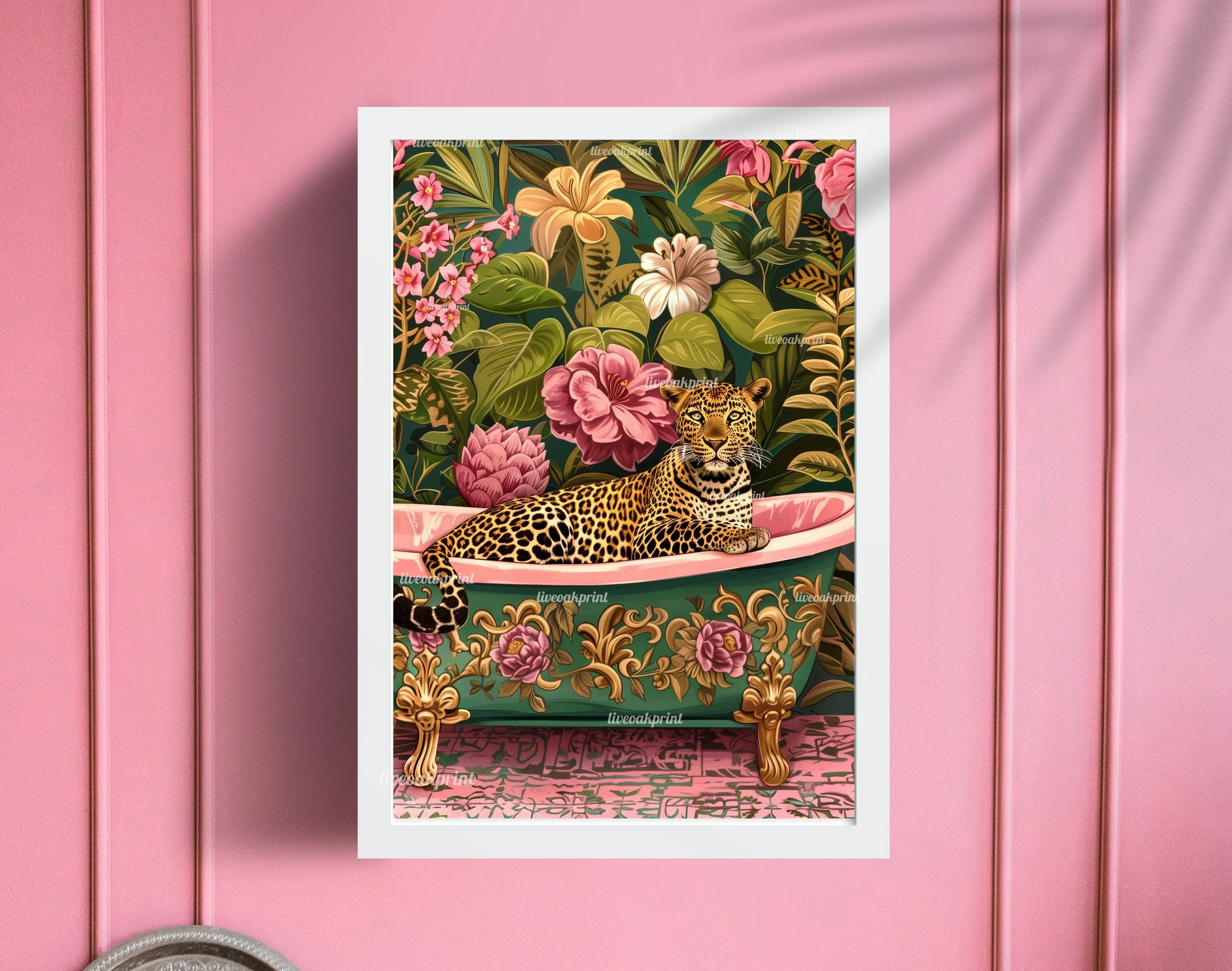 Luxurious Leopard In A Bathtub - Maximalist Bathroom Decor - Leopard Bathroom Print - Maximalist Leopard Print- Jungle Wall Decor