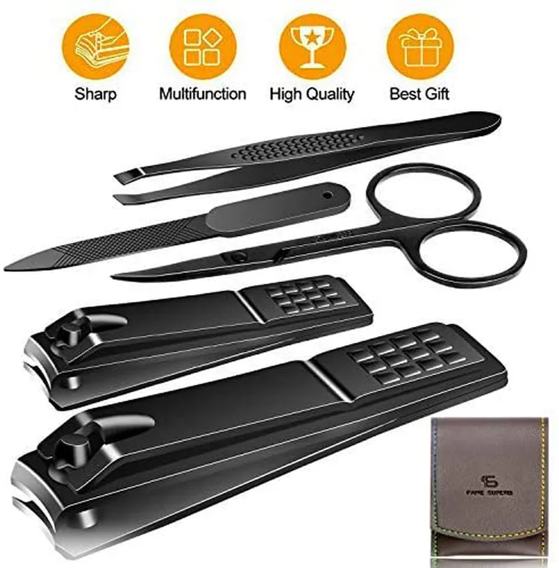 Manicure Pedicure Kit Nail Clippers Set High Quality Fingernails & Toenails Vibrissac Scissor 5 Pieces Best Care Tools for Man & Women with Travel Case (Black_A)