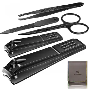 Manicure Pedicure Kit Nail Clippers Set High Quality Fingernails & Toenails Vibrissac Scissor 5 Pieces Best Care Tools for Man & Women with Travel Case (Black_A)