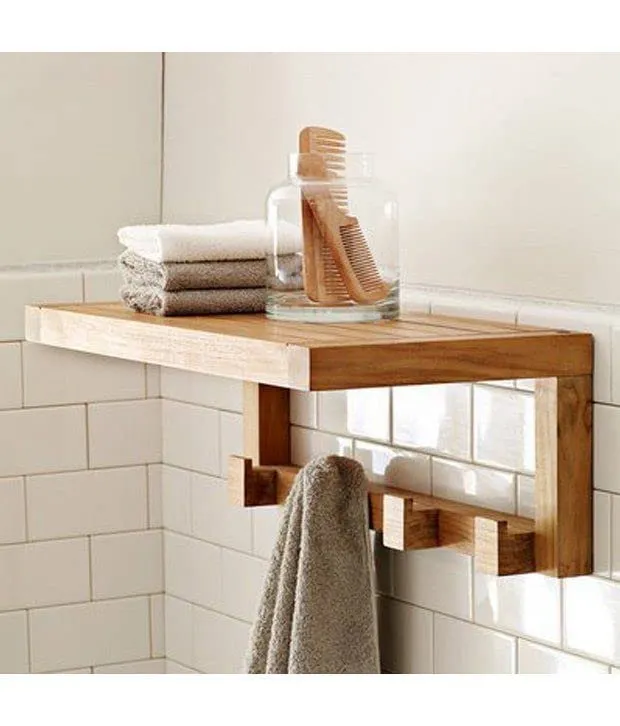 ODEJIA Wall-Mounted Bathroom Shelf & 4-Hook Towel Rack - Vintage Wood