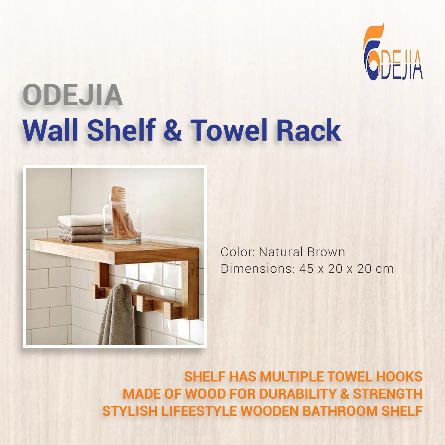 ODEJIA Wall-Mounted Bathroom Shelf & 4-Hook Towel Rack - Vintage Wood