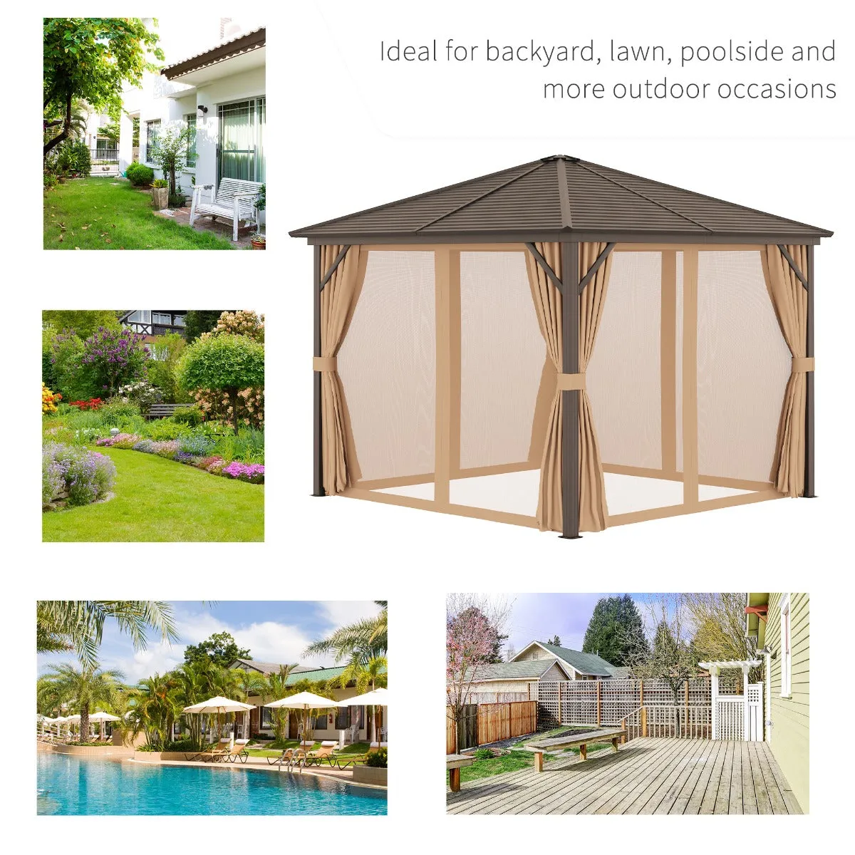 Outsunny 3 x 3 Meters Garden Gazebo with Netting & Curtains, Hard Top Gazebo Canopy Shelter with Metal Roof and Aluminum Frame, for Garden, Lawn, Backyard and Deck, Brown