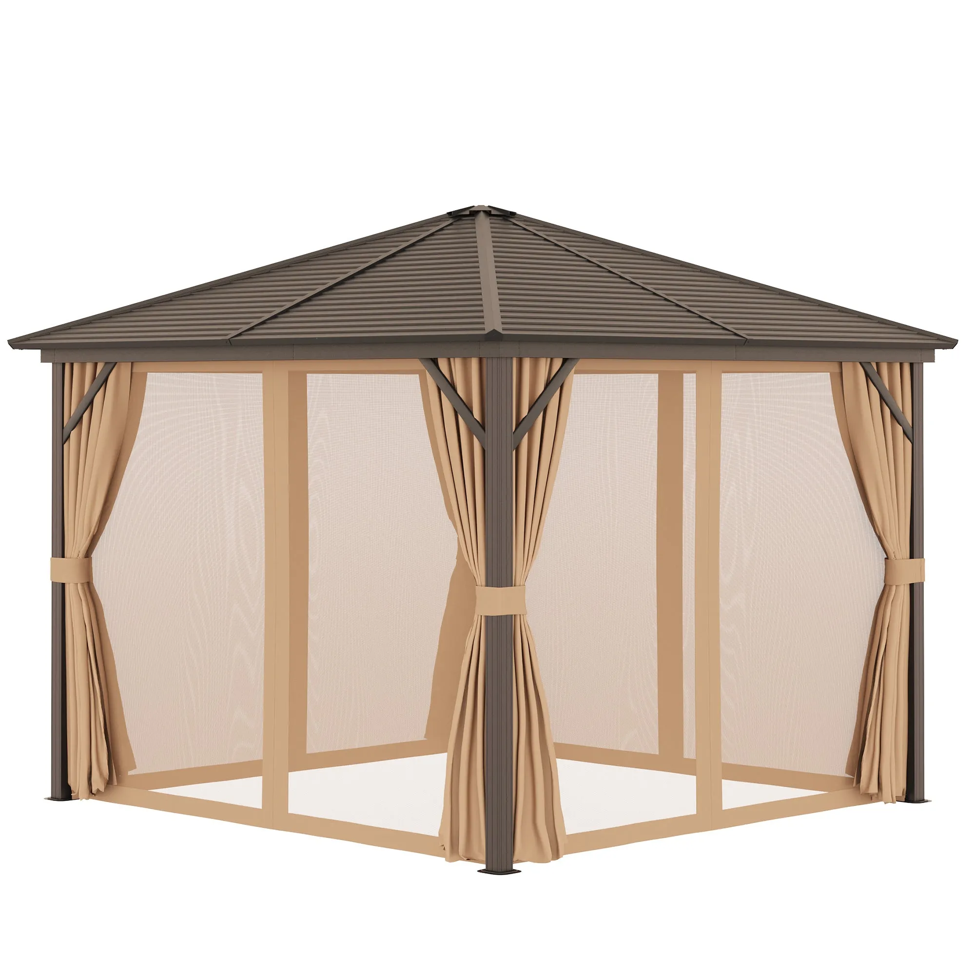 Outsunny 3 x 3 Meters Garden Gazebo with Netting & Curtains, Hard Top Gazebo Canopy Shelter with Metal Roof and Aluminum Frame, for Garden, Lawn, Backyard and Deck, Brown