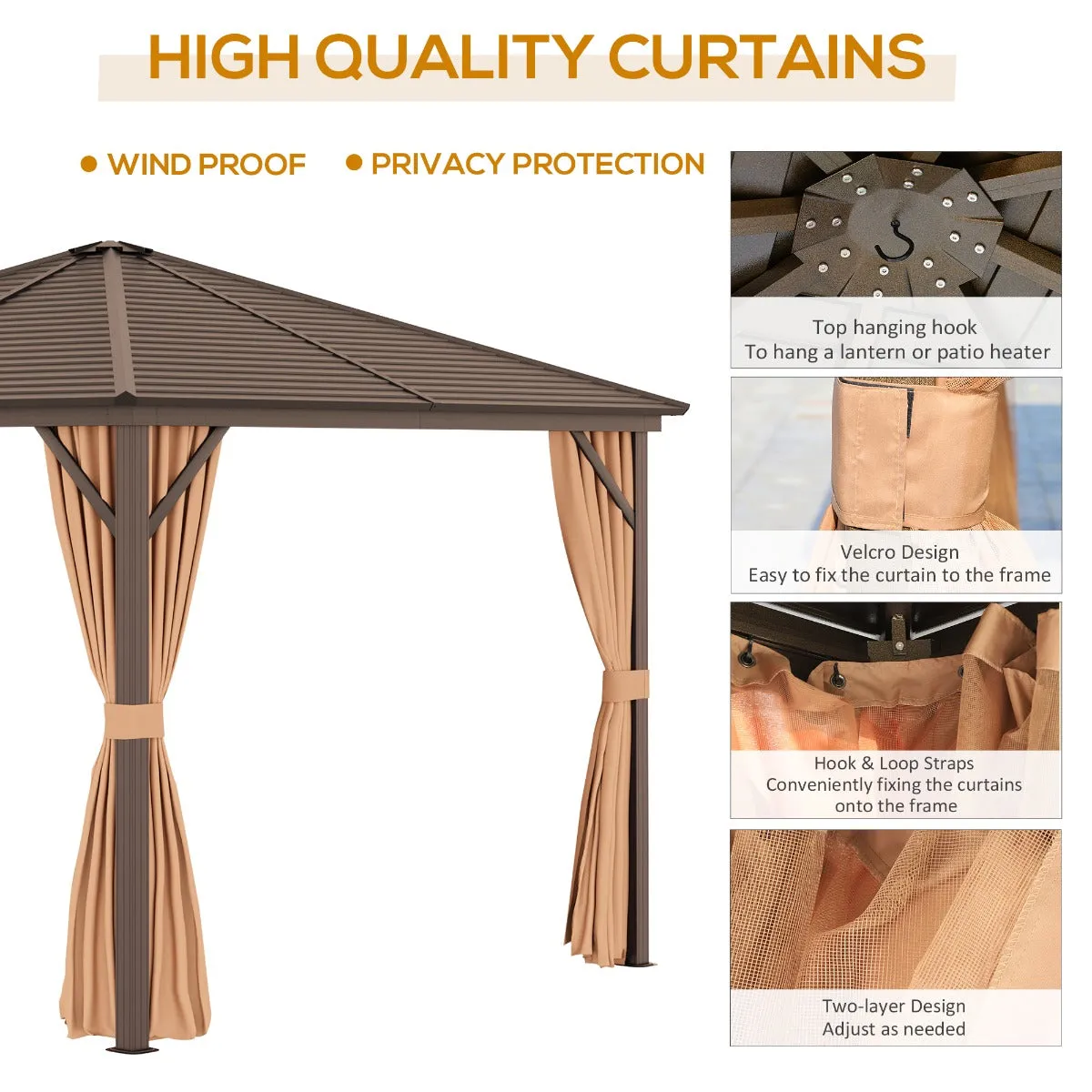 Outsunny 3 x 3 Meters Garden Gazebo with Netting & Curtains, Hard Top Gazebo Canopy Shelter with Metal Roof and Aluminum Frame, for Garden, Lawn, Backyard and Deck, Brown