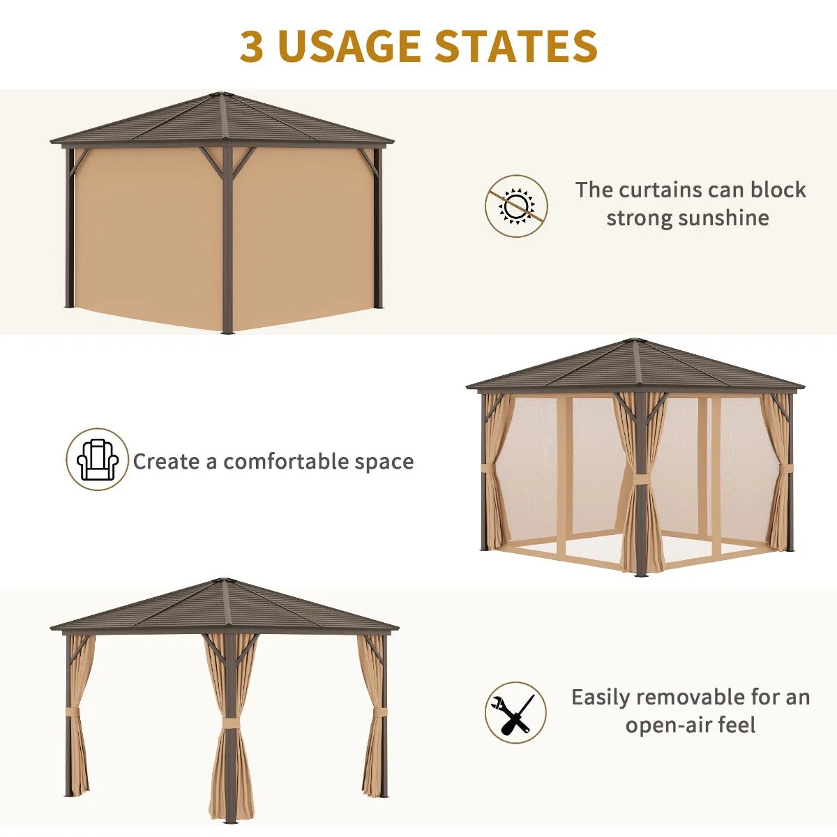 Outsunny 3 x 3 Meters Garden Gazebo with Netting & Curtains, Hard Top Gazebo Canopy Shelter with Metal Roof and Aluminum Frame, for Garden, Lawn, Backyard and Deck, Brown