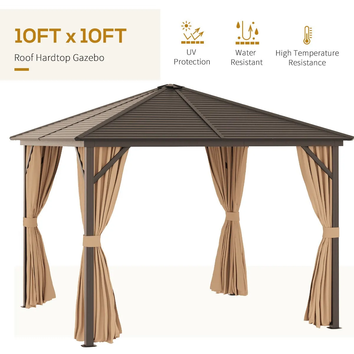 Outsunny 3 x 3 Meters Garden Gazebo with Netting & Curtains, Hard Top Gazebo Canopy Shelter with Metal Roof and Aluminum Frame, for Garden, Lawn, Backyard and Deck, Brown