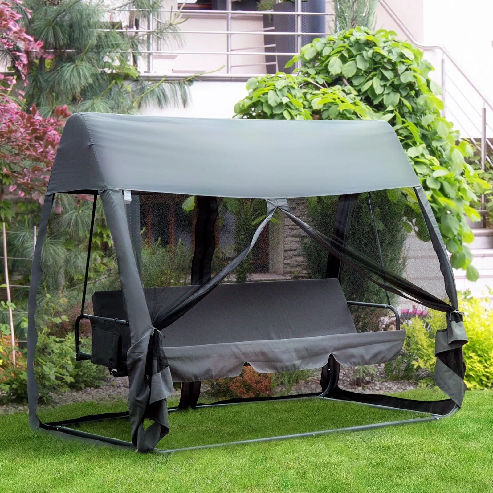 Outsunny Garden Swing Chair Patio Hammock 3 Seater Bench Canopy Lounger Grey