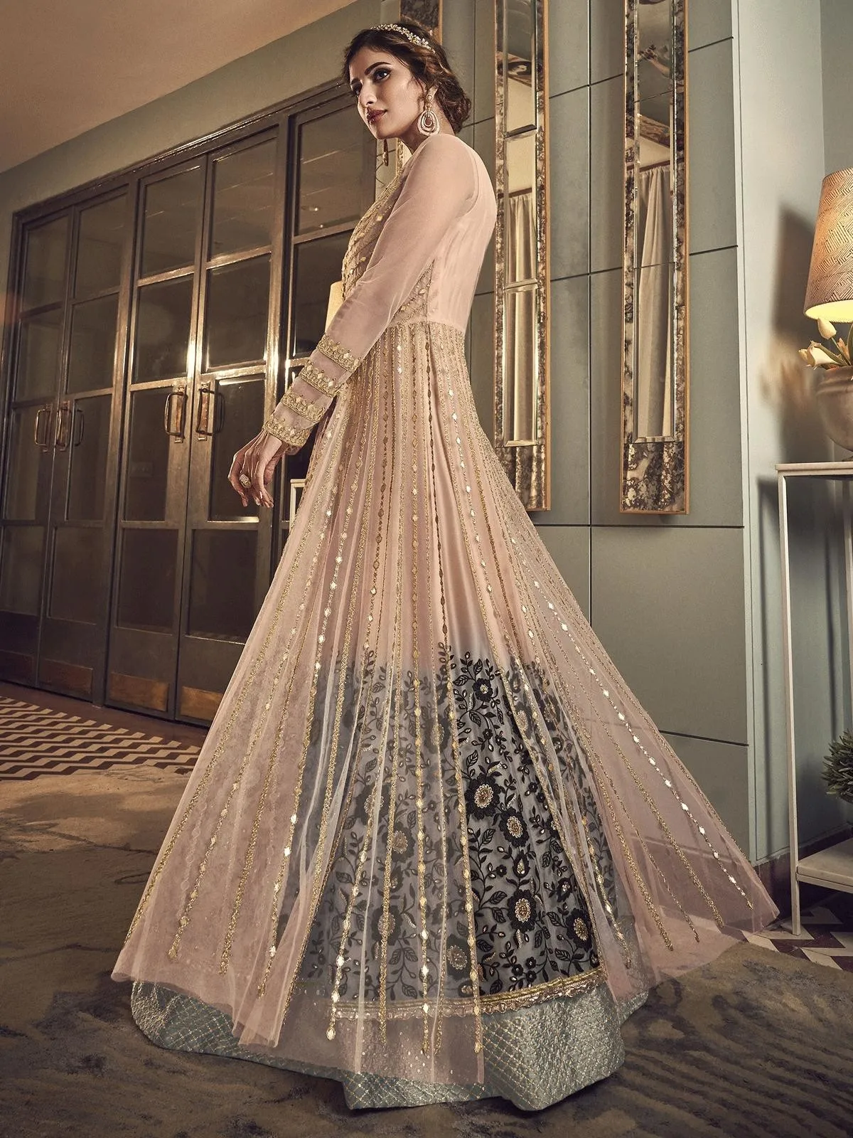 Peach Net Embroidered Anarkali Suit