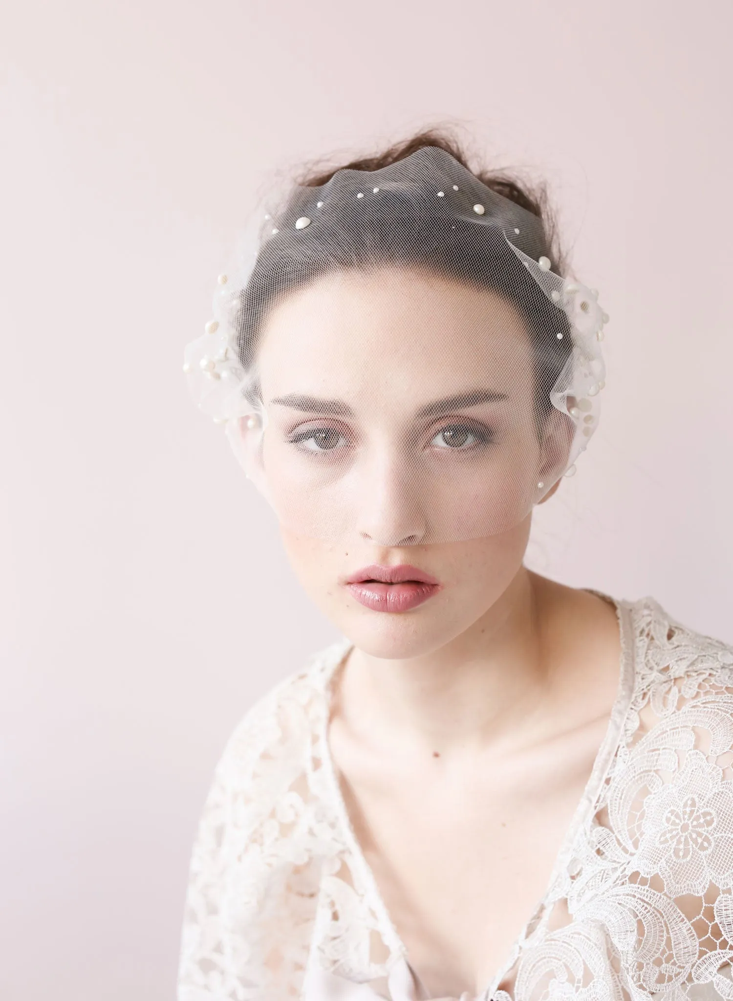 Pearl adorned tulle bandeau veil - Style # 427