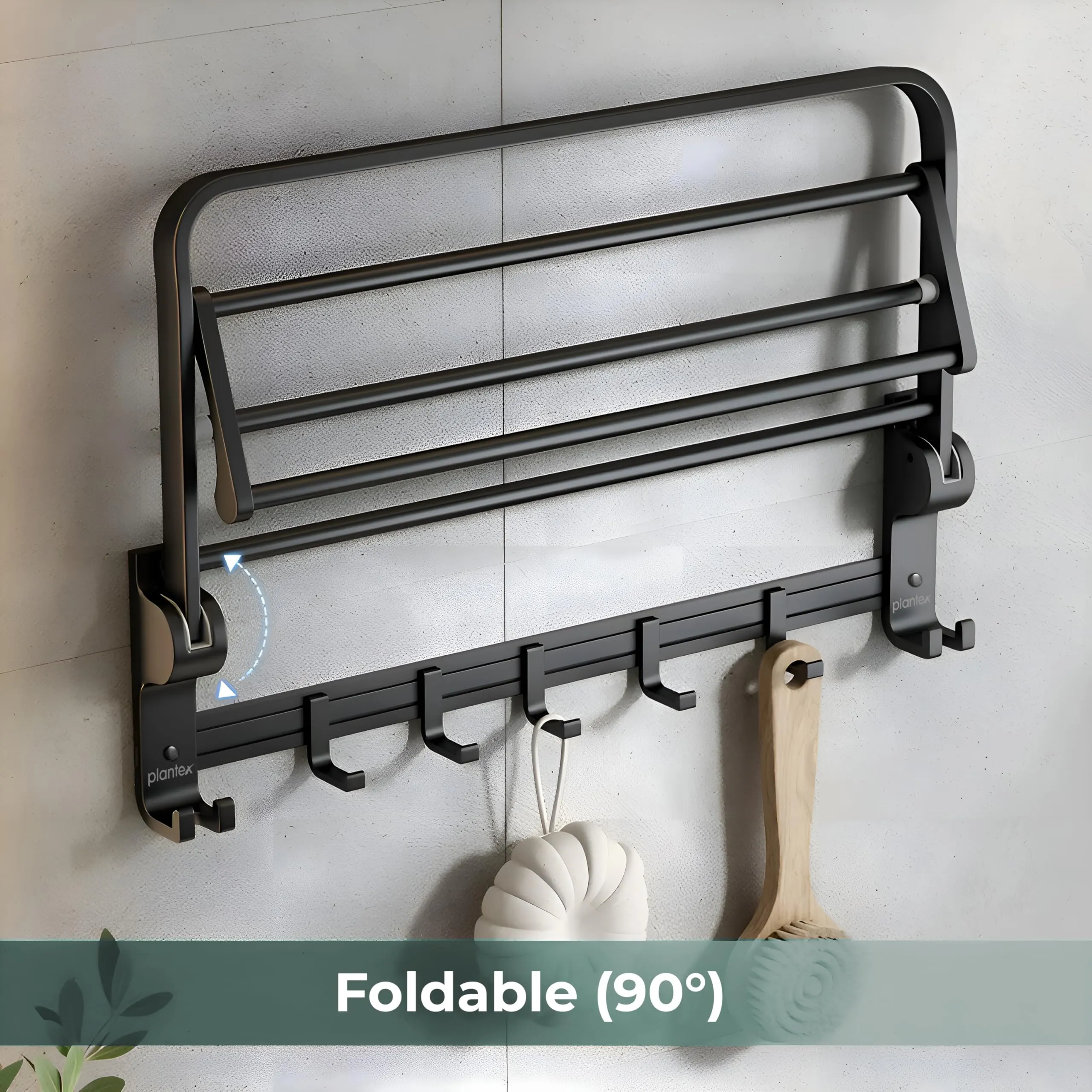 Plantex Aluminium Folding Towel Rack with Swivel Towel Rod/Towel Bar for Bathroom/Towel Hanger with Hooks/Bathroom Accessories (962, Black)