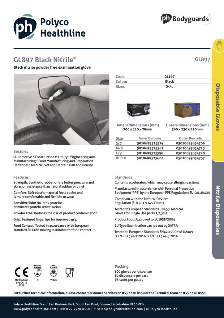 Polyco GL897 Black Nitrile Powder Free Disposable Gloves