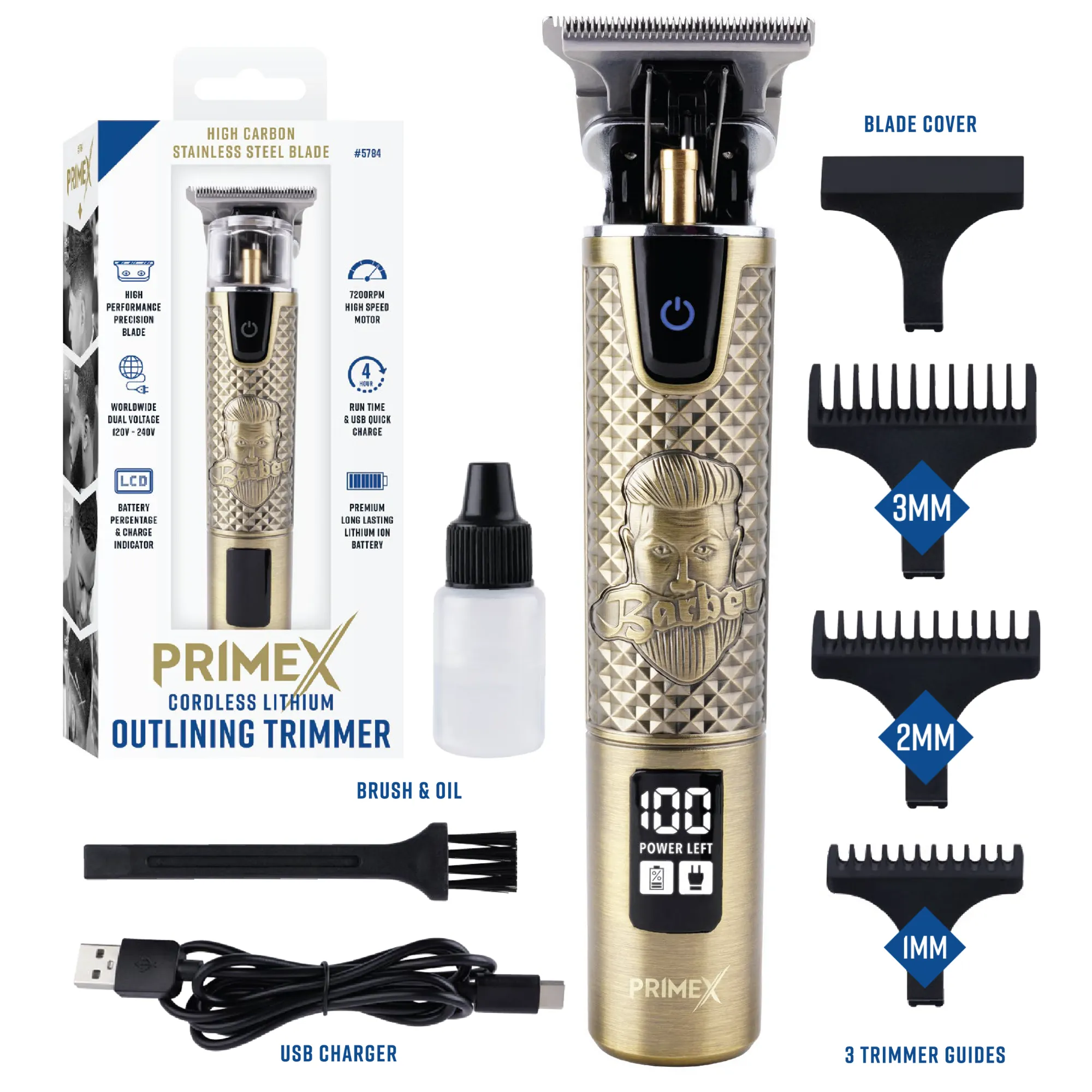 PrimeX Cordless Lithium Outlining Barber Trimmer Brass