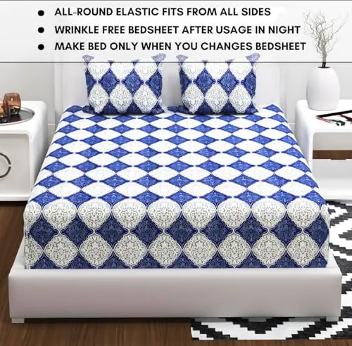 RVS DECOR Bedsheet King Size Bed Cotton Elastic Fitted | Cotton Bedsheets for King Size Bed Elastic Fitted | Cotton Bed Sheet King Size Elastic Fitted | Bed Sheets for King Size Bed (Blue and White1)