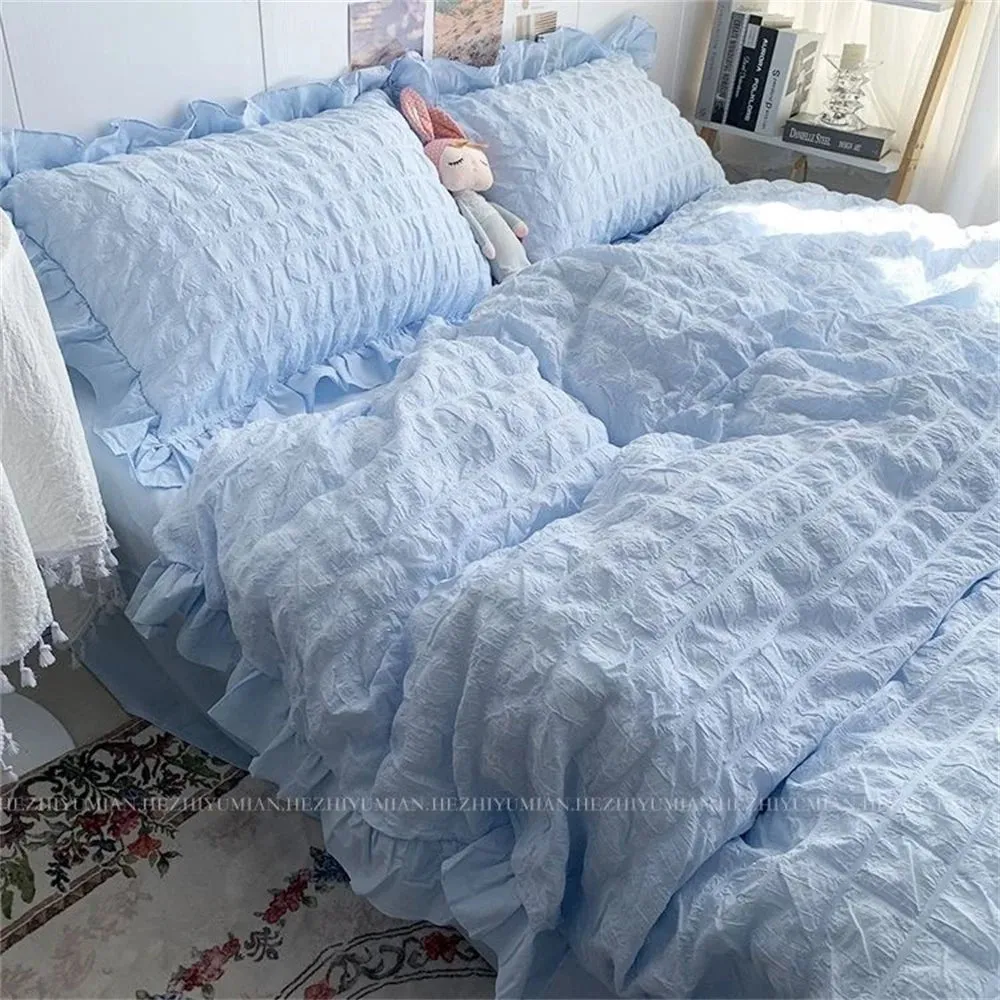 Seersucker Ruffles Lace Bedding Set With Soft Sheet, Duvet Cover & Pillow Covers