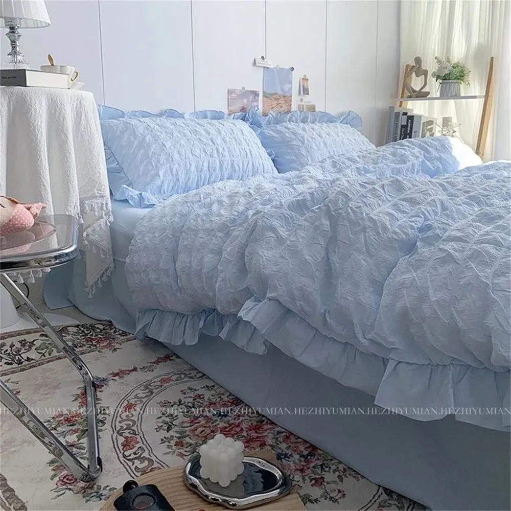 Seersucker Ruffles Lace Bedding Set With Soft Sheet, Duvet Cover & Pillow Covers