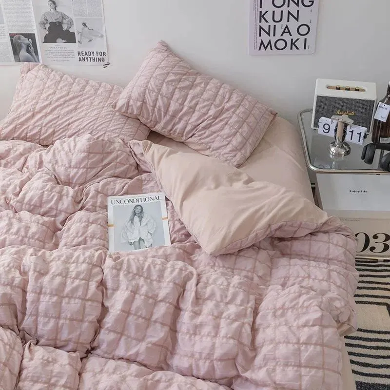 Seersucker Ruffles Lace Bedding Set With Soft Sheet, Duvet Cover & Pillow Covers