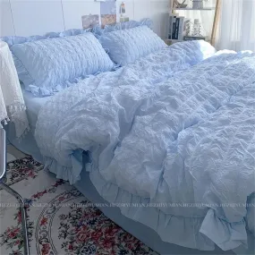 Seersucker Ruffles Lace Bedding Set With Soft Sheet, Duvet Cover & Pillow Covers