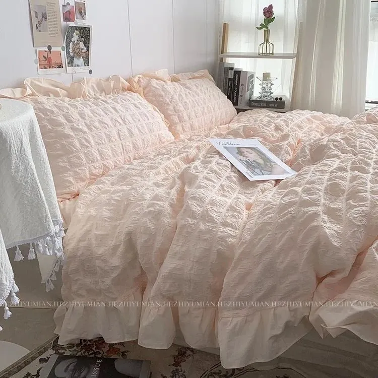 Seersucker Ruffles Lace Bedding Set With Soft Sheet, Duvet Cover & Pillow Covers