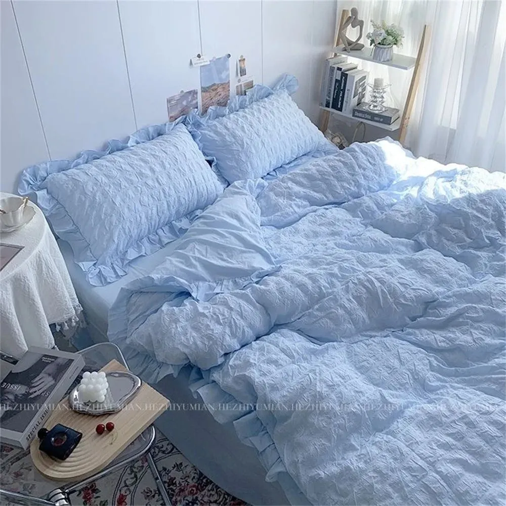 Seersucker Ruffles Lace Bedding Set With Soft Sheet, Duvet Cover & Pillow Covers