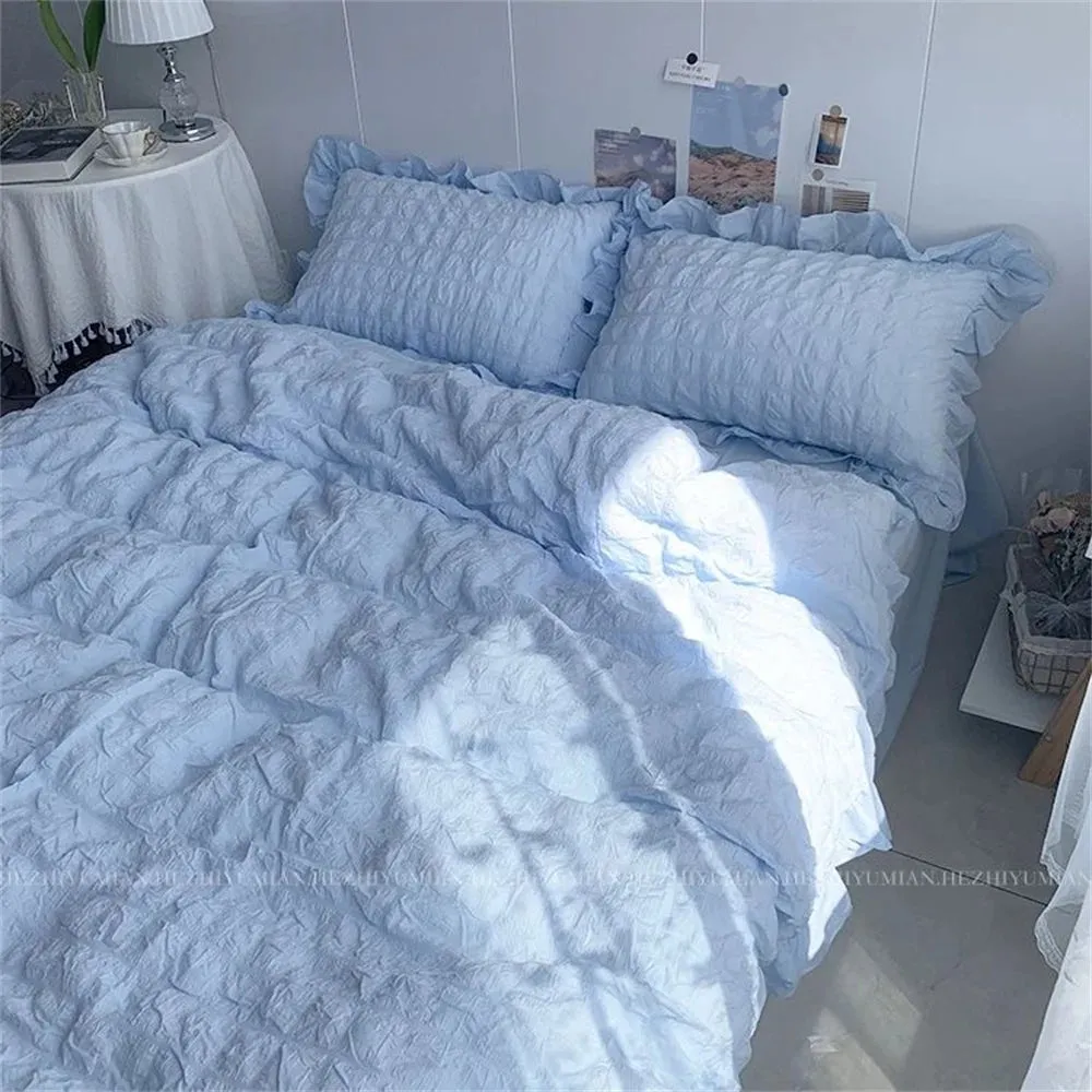 Seersucker Ruffles Lace Bedding Set With Soft Sheet, Duvet Cover & Pillow Covers