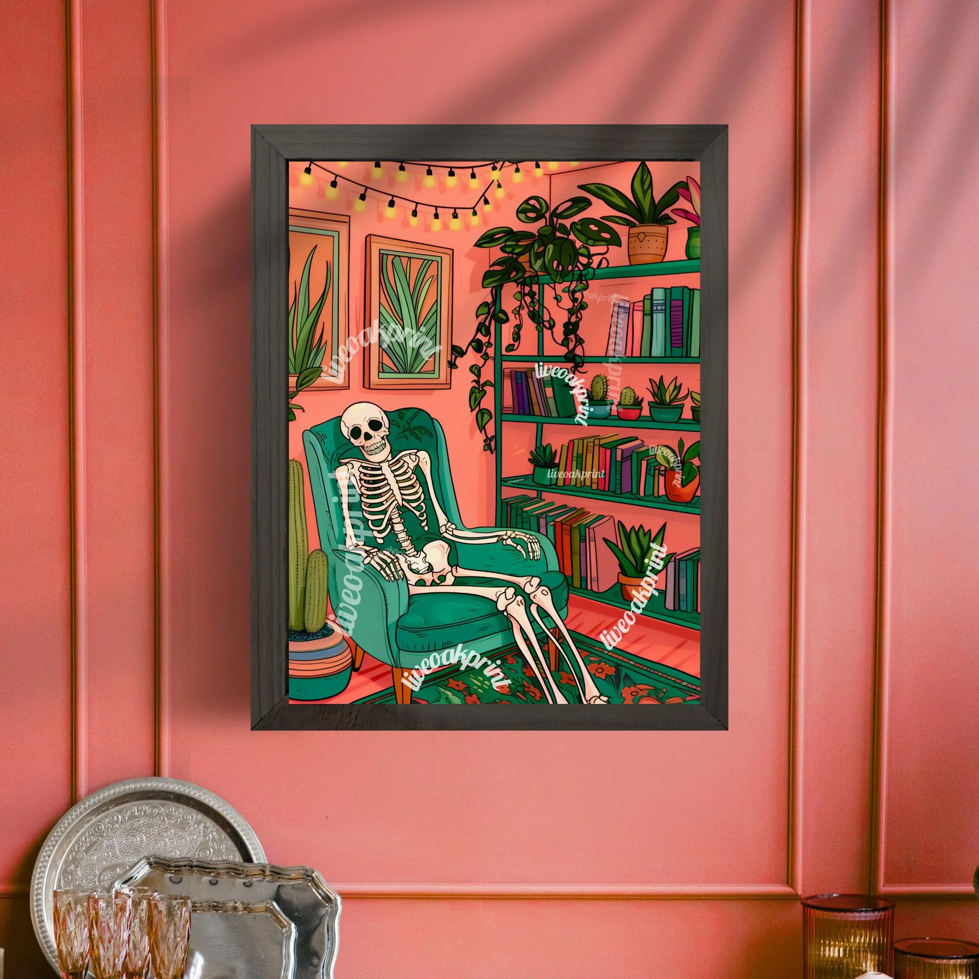 Skeleton In A Cozy Living Room - Boho Halloween Print - Cute Skeleton Print - Maximalist Skeleton Print - Eclectic Halloween Decor