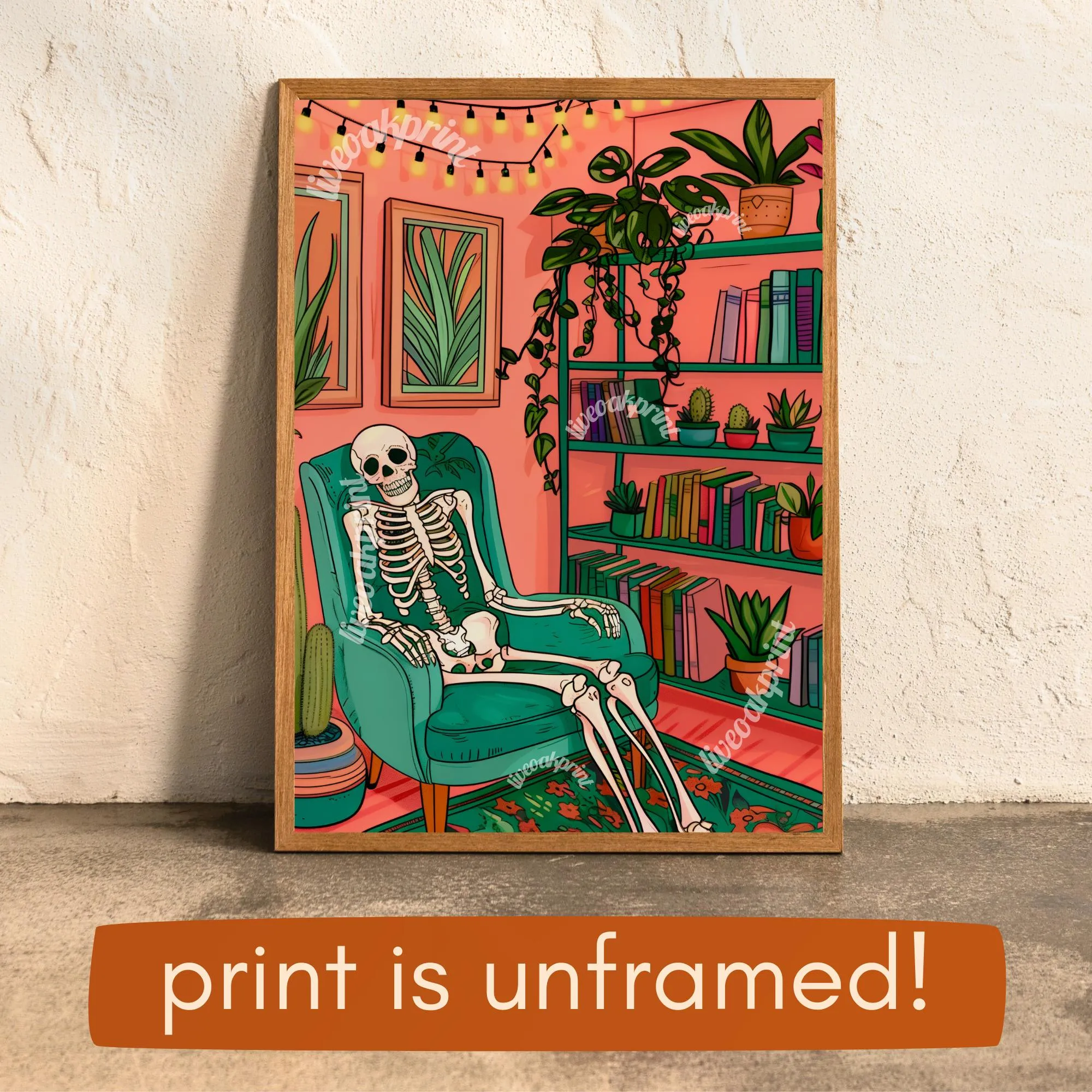 Skeleton In A Cozy Living Room - Boho Halloween Print - Cute Skeleton Print - Maximalist Skeleton Print - Eclectic Halloween Decor