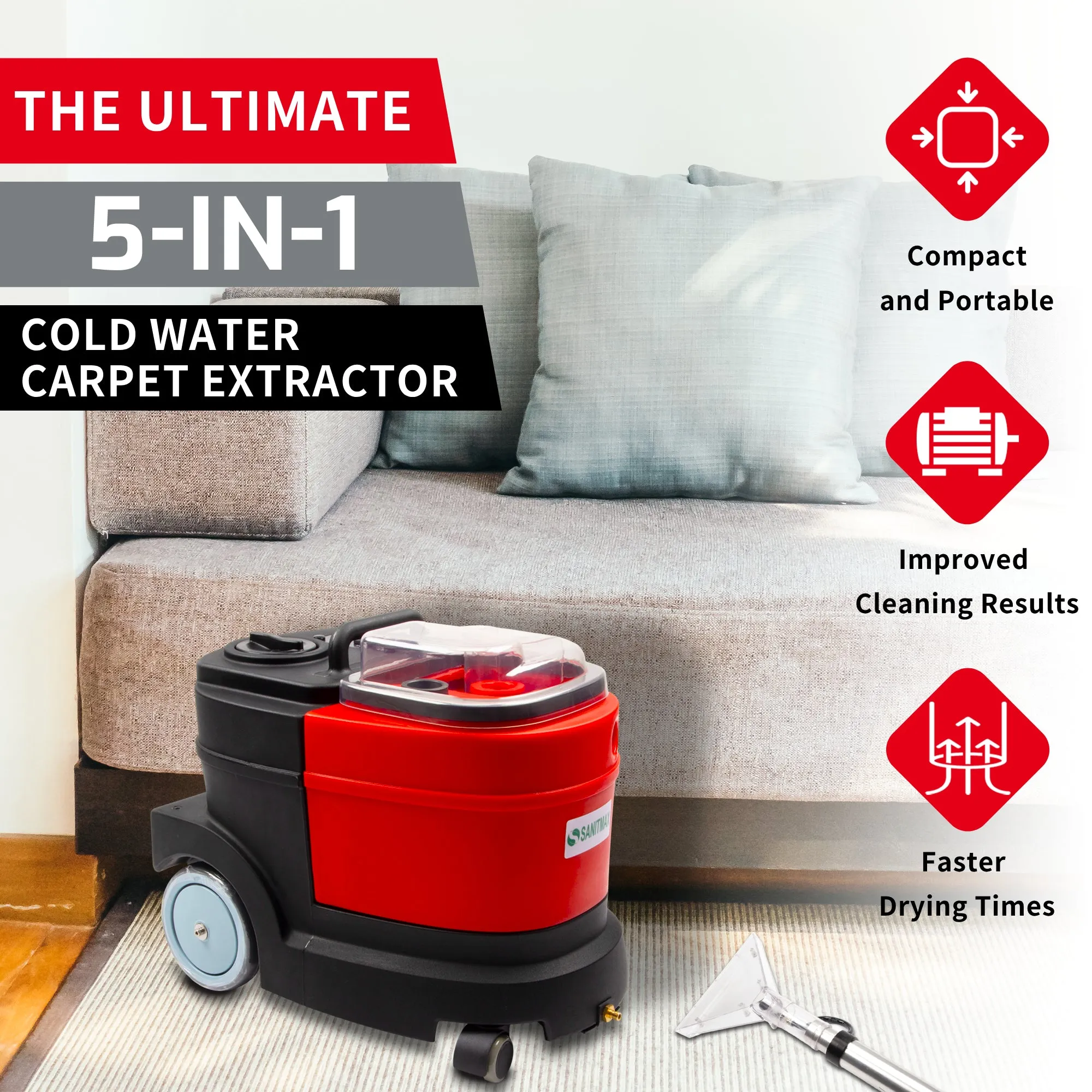 SM04 Cold Water Carpet Extractor, Powerful 1.07 HP Motor, 2.1 gal Sewage Tank, 3.7 gal Solution Tank