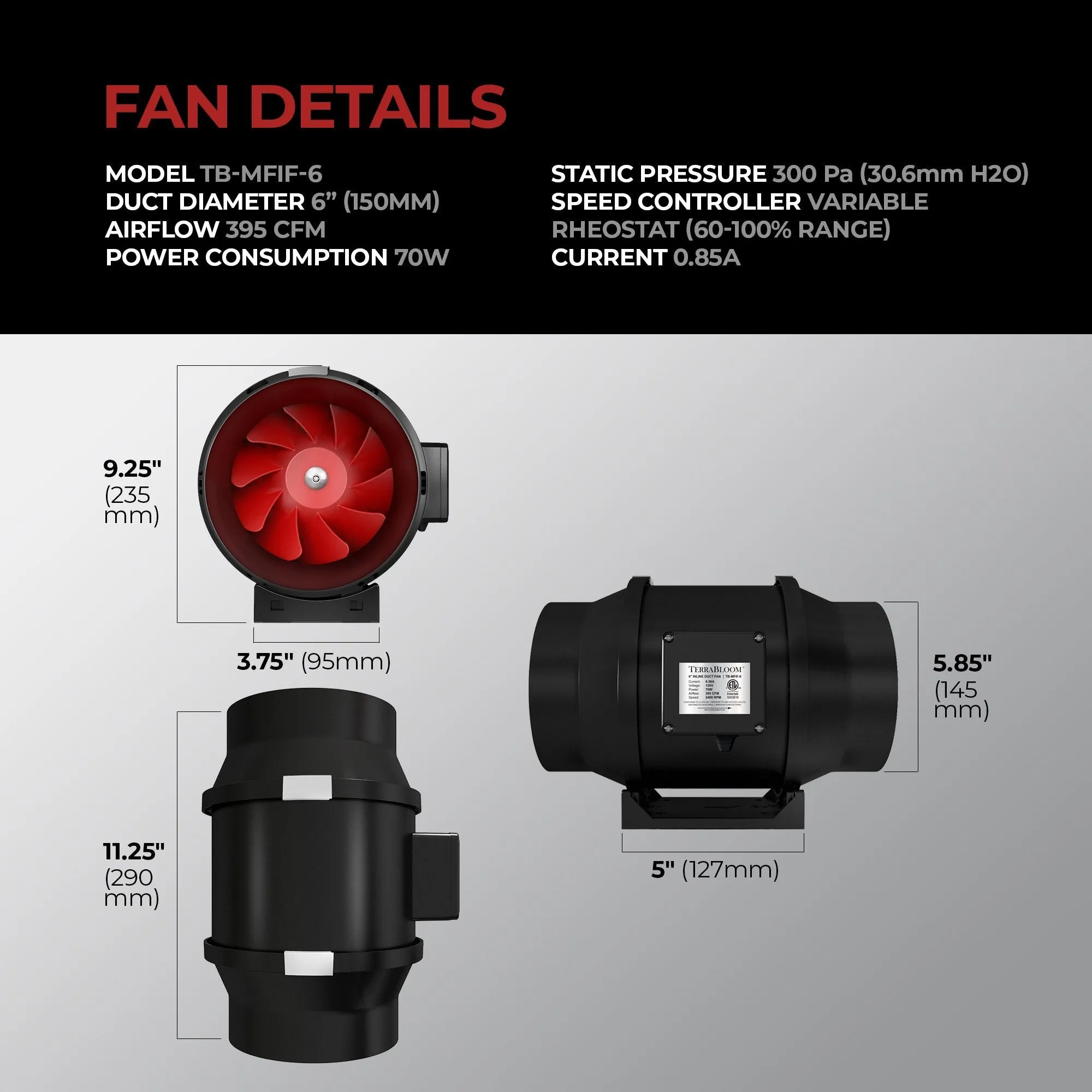 TerraBloom MFIF-6, 6", 395 CFM, 70W Inline Duct Fan with Variable Speed Controller