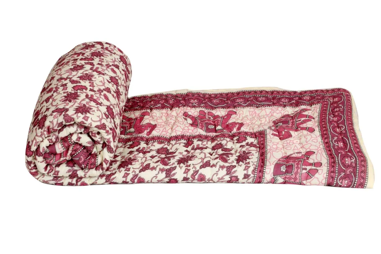 THROW KING Rajesthani Pure Cotton Floral Printed Jaipuri Razai/Rajai/Quilt/Blanket/Dohar- (Maroon, Single Bed)