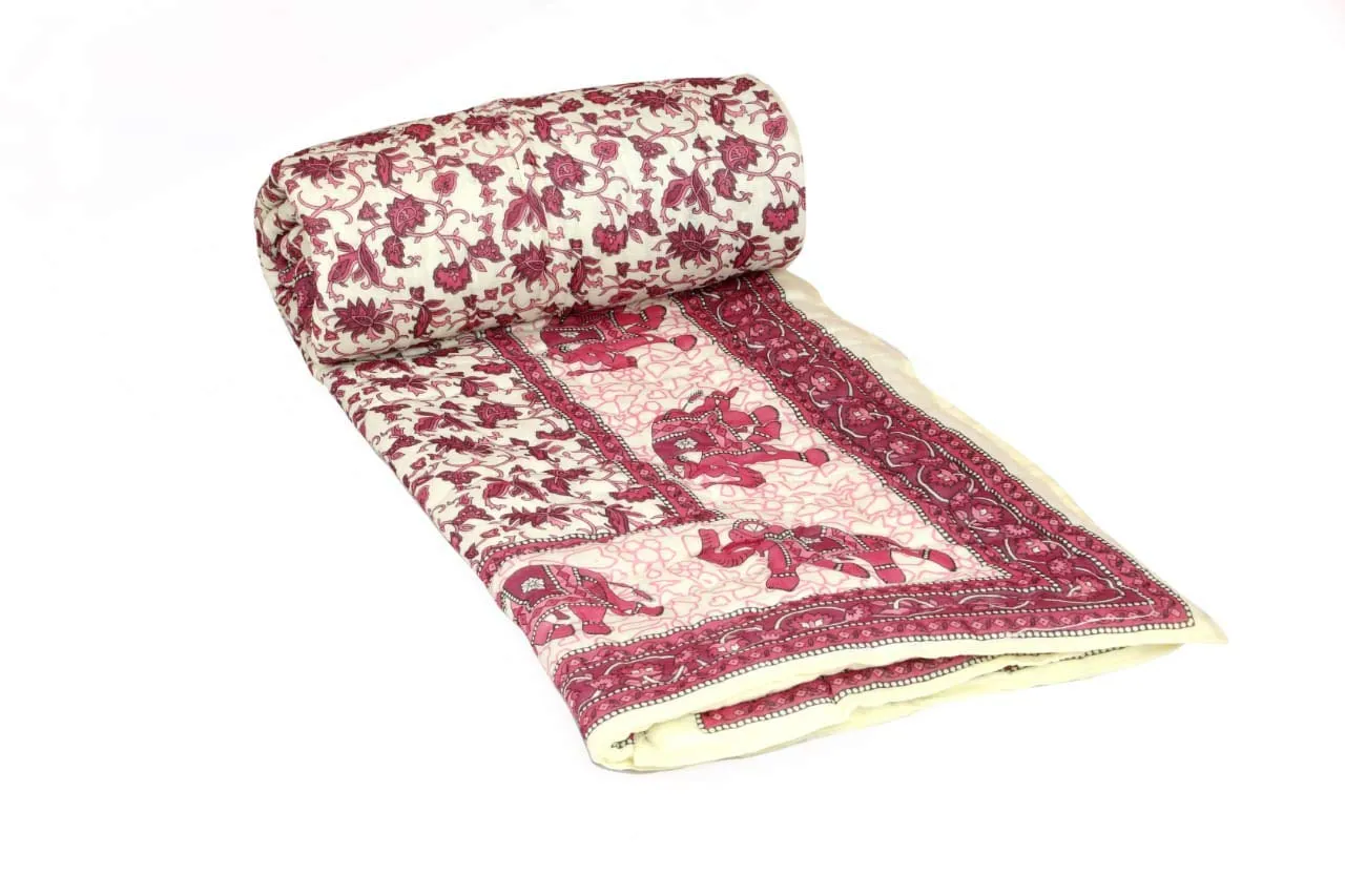 THROW KING Rajesthani Pure Cotton Floral Printed Jaipuri Razai/Rajai/Quilt/Blanket/Dohar- (Maroon, Single Bed)