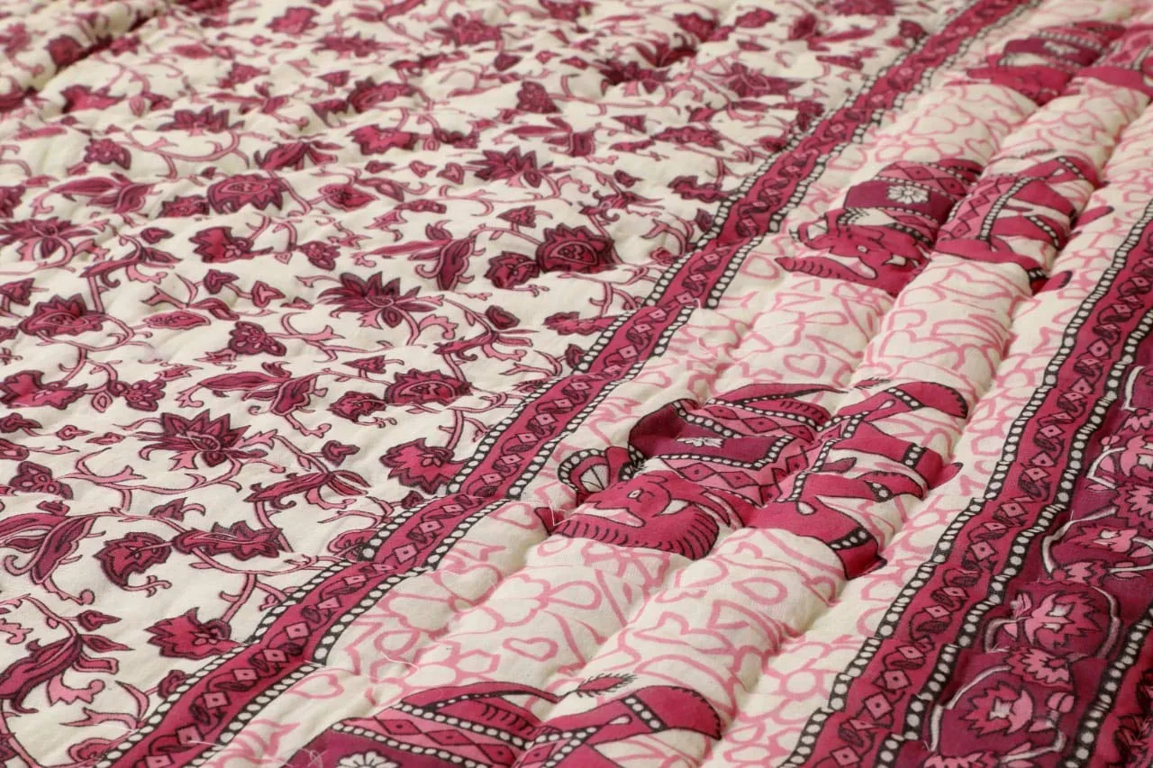 THROW KING Rajesthani Pure Cotton Floral Printed Jaipuri Razai/Rajai/Quilt/Blanket/Dohar- (Maroon, Single Bed)