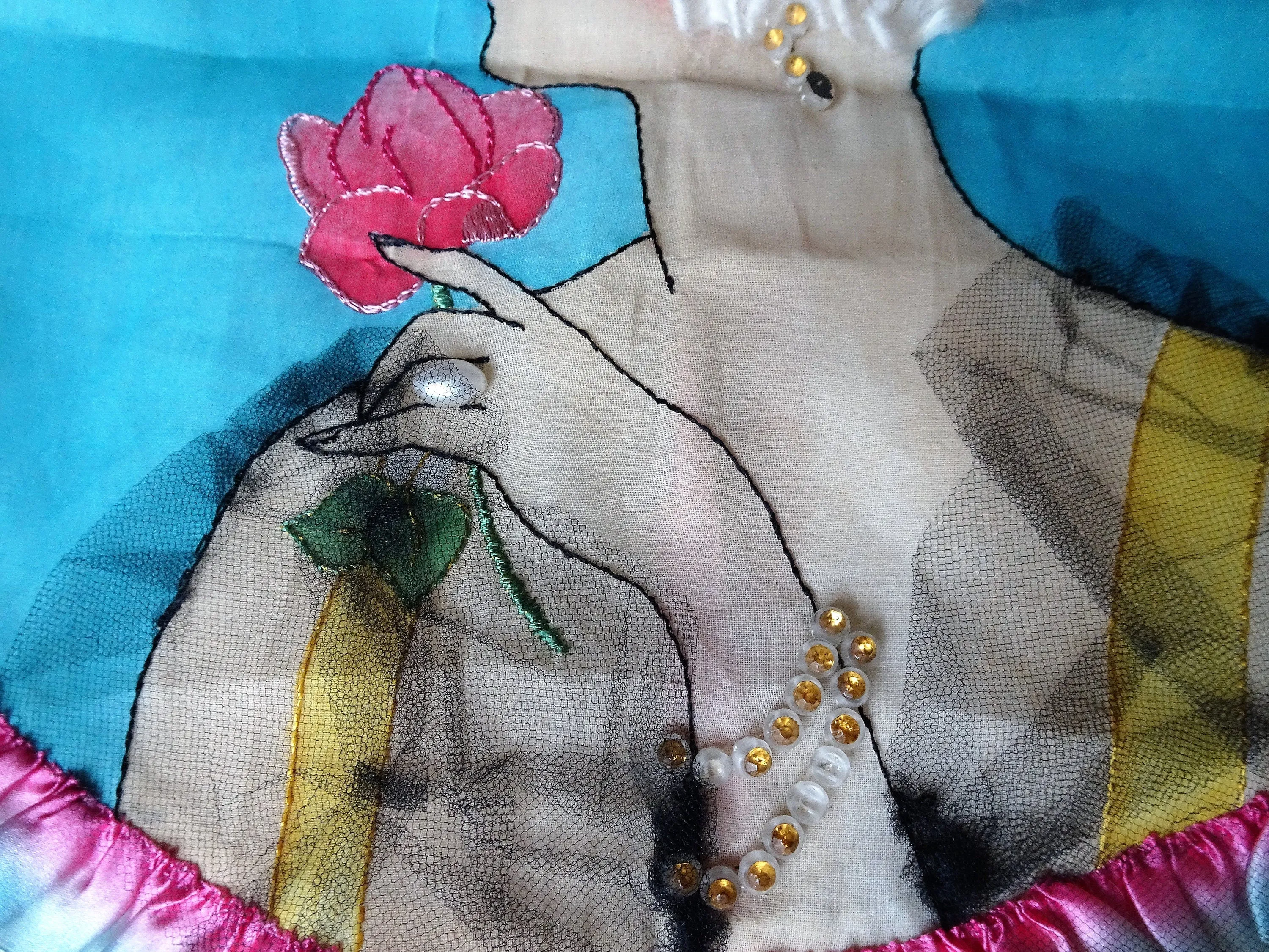 UNIQUE Art Deco Boudoir Cushion Cover, Applied Lace Jewelry,Hand Embroidered,Silk Ribbon Trim,Organdy Cotton,French Decor,Flapper Era Linens