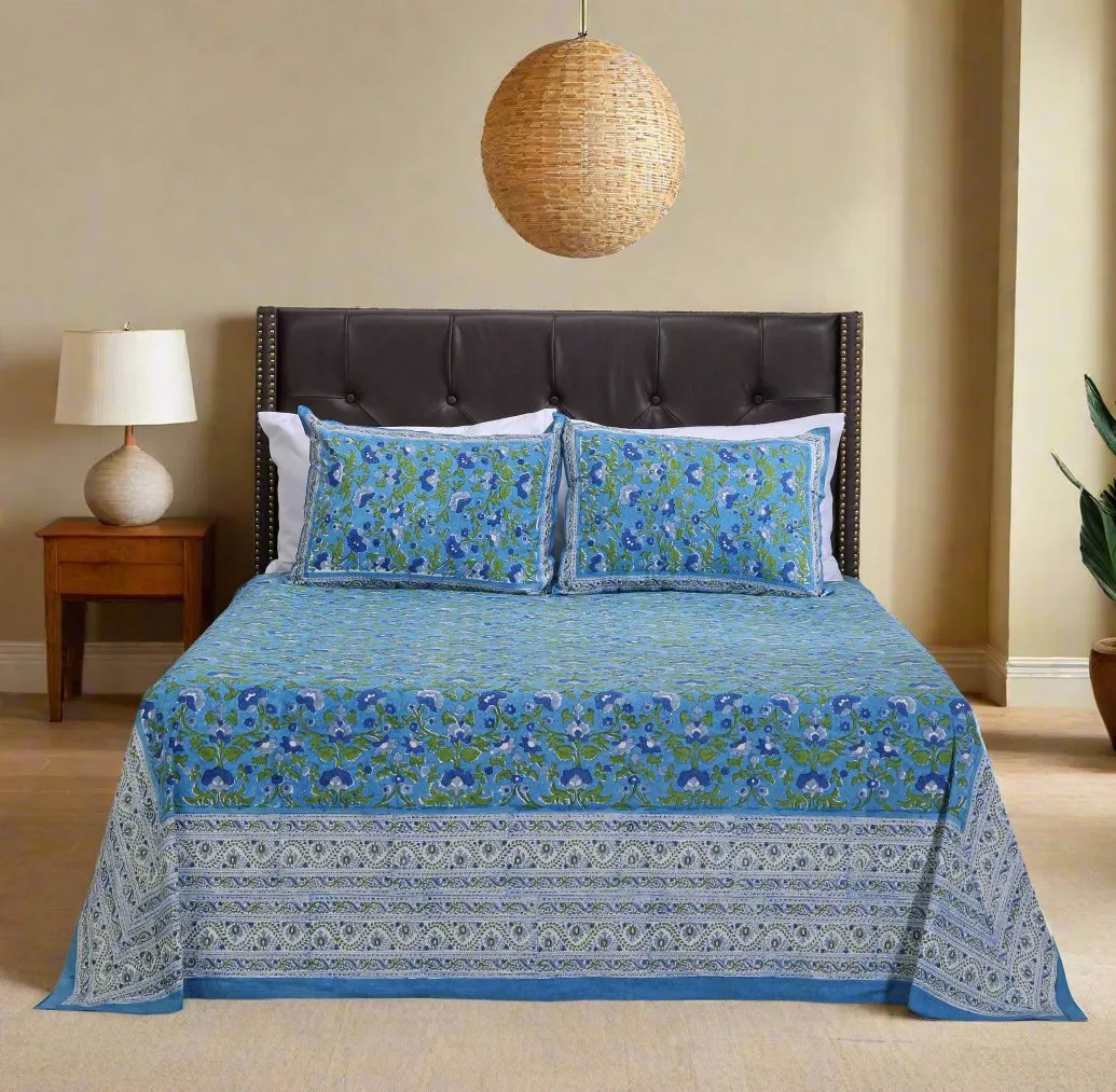 Vrindavan Blue Buttercup Cotton Percale Bedsheet