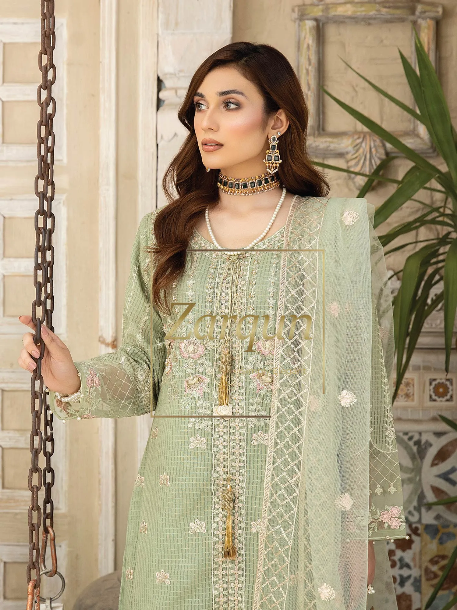 Zarqun "Virsa" Green Fancy Embellished Net Suit (2315A)